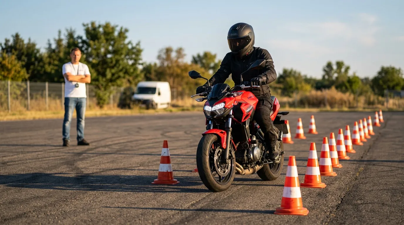 Motocycliste naviguant entre cônes de circulation lors d'une formation
