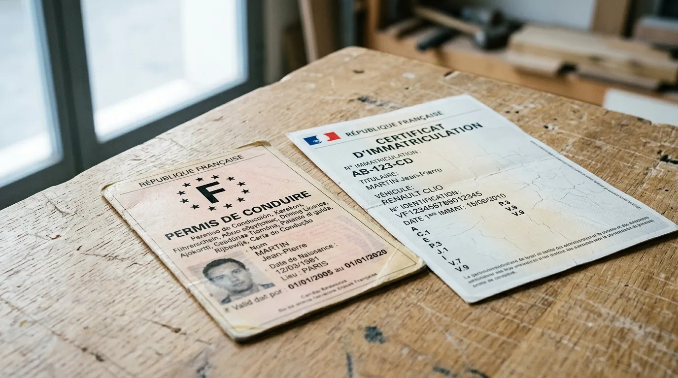 Permis de conduire et certificat d'immatriculation français sur table