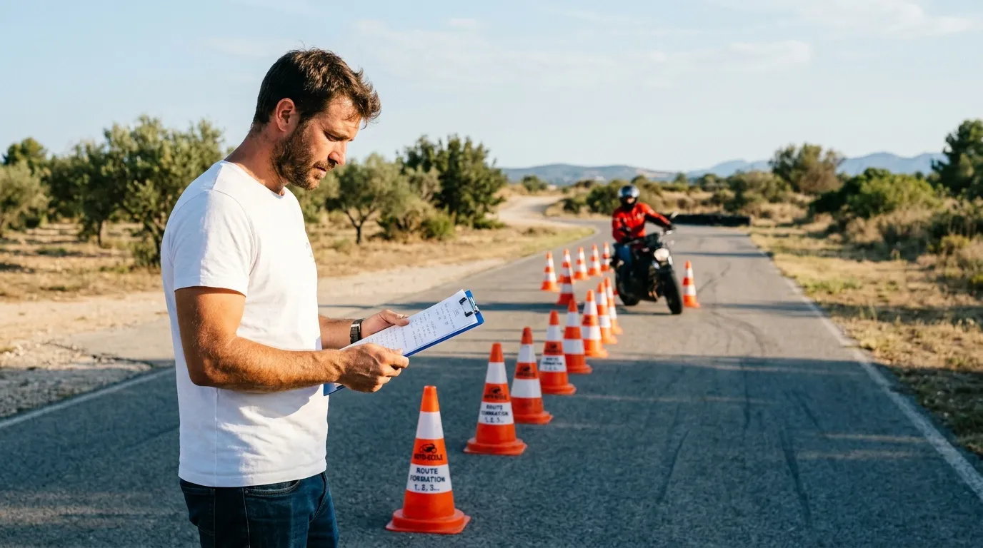 Instructeur évalue motocycliste sur circuit avec cônes