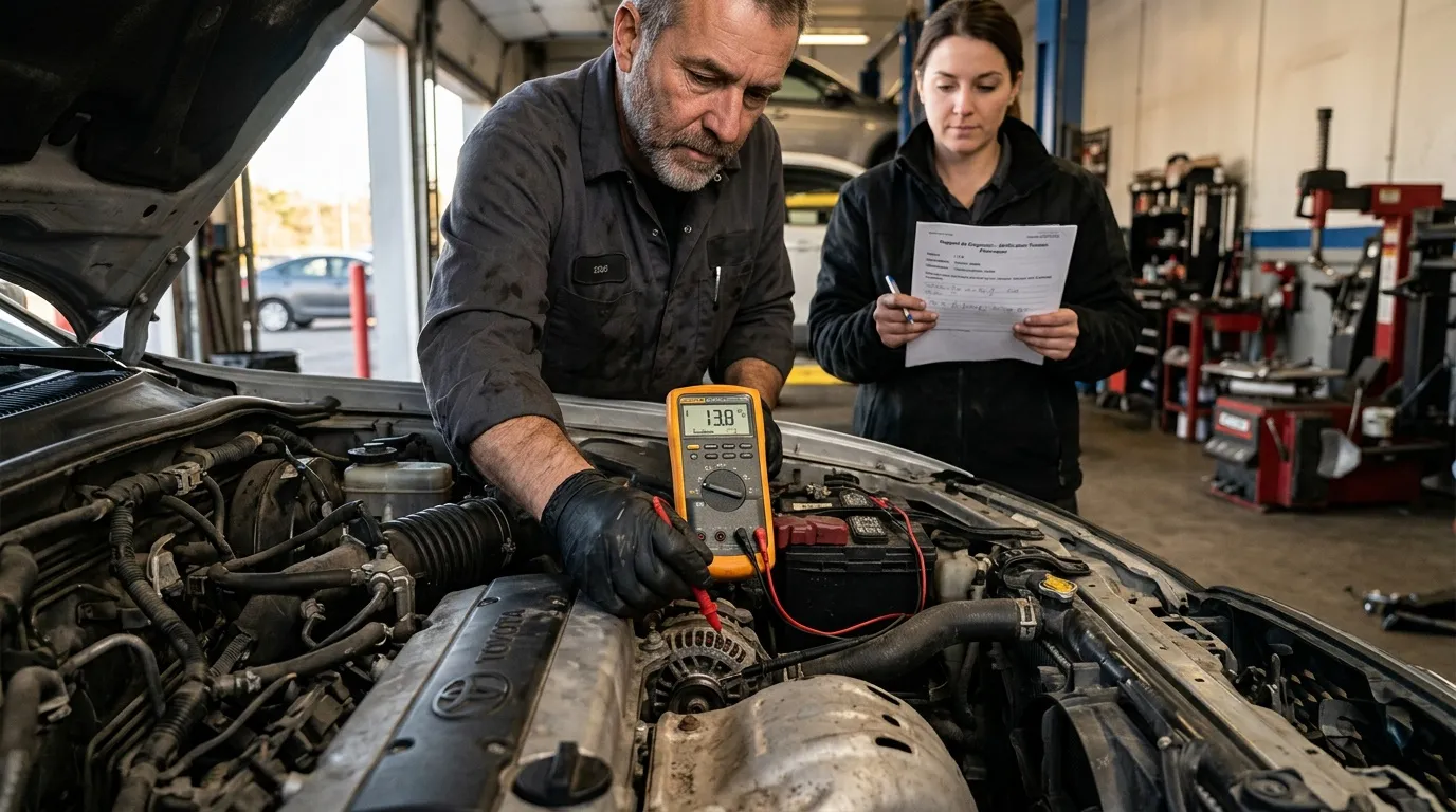 Mécanicien teste batterie voiture avec multimètre numérique