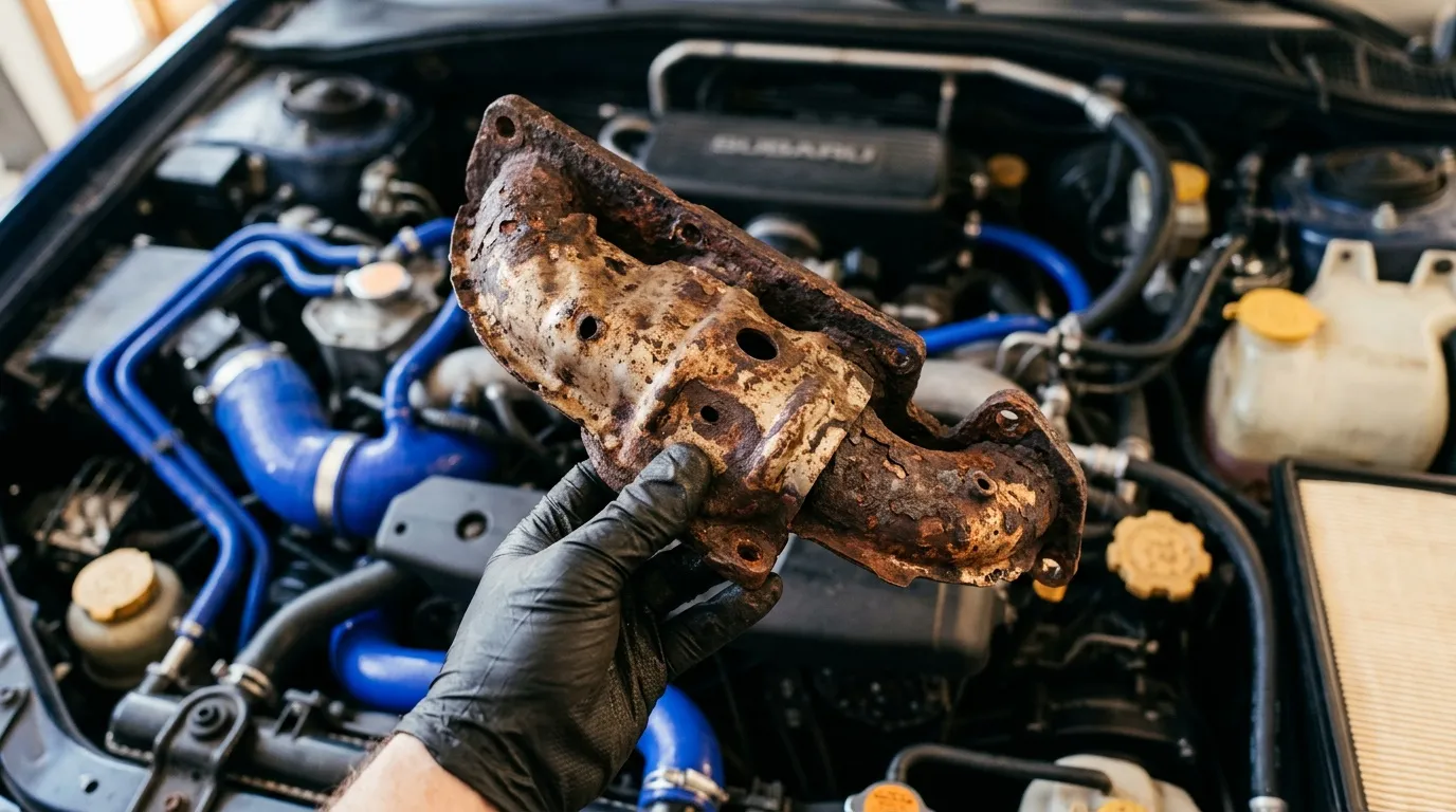 Mécanicien tenant une pièce rouillée devant moteur Subaru