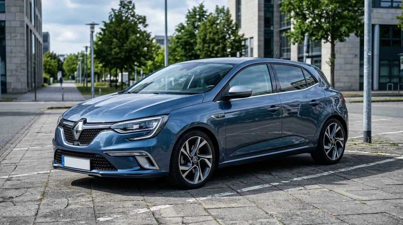 Berline compacte Renault bleue gar&eacute;e en zone urbaine moderne