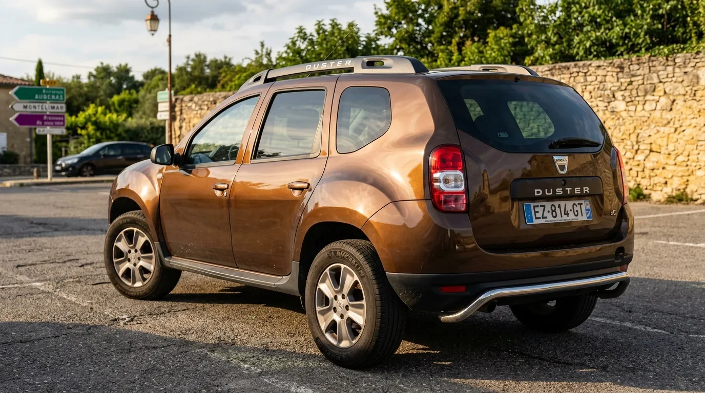 Dacia Duster marron stationn&eacute;e sur un parking en France