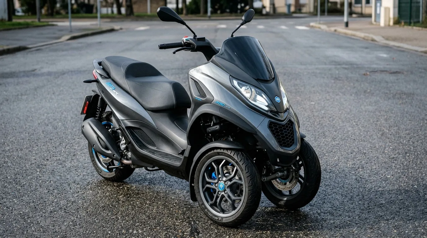 Scooter tricycle gris et noir avec design contemporain
