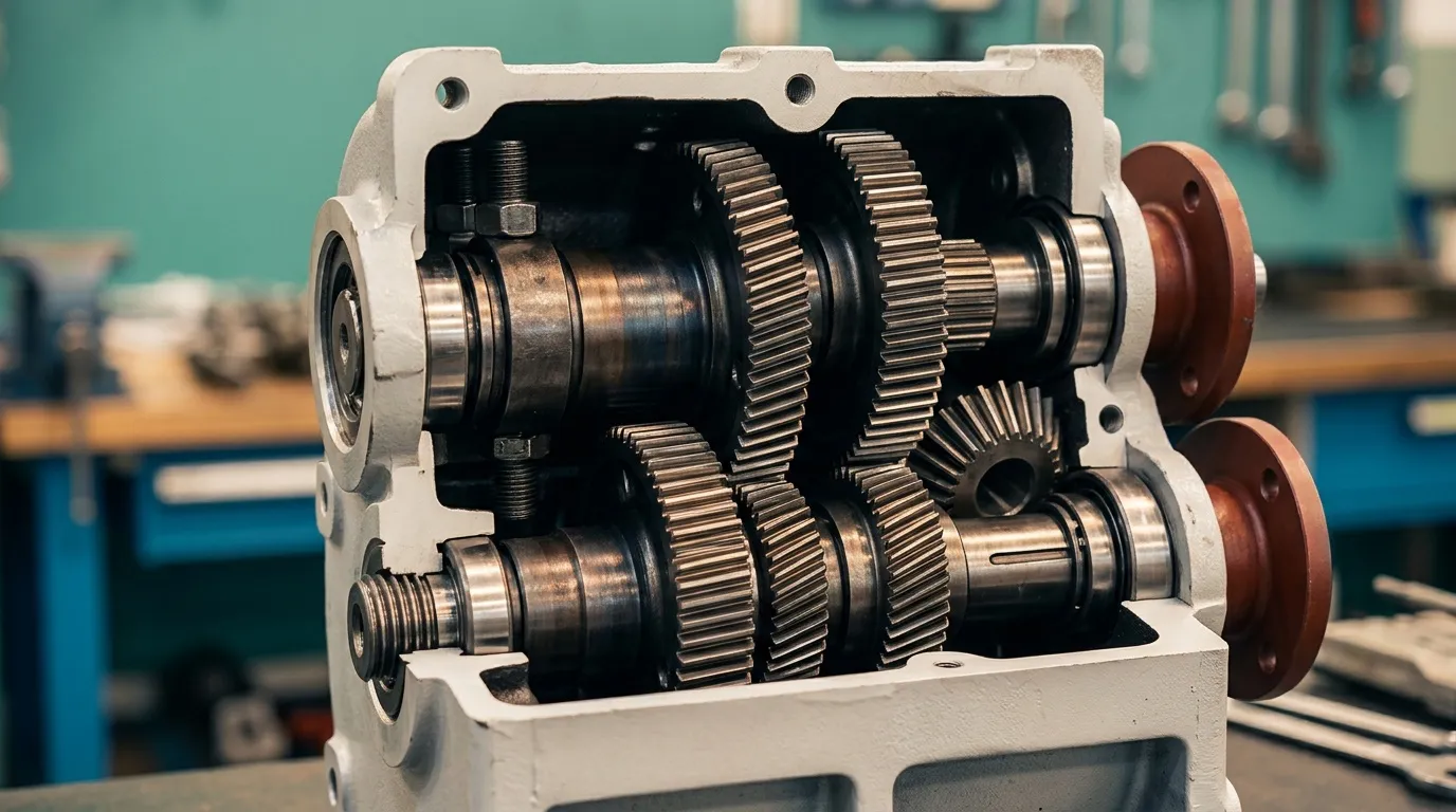 Mécanisme interne de transmission avec engrenages métalliques.