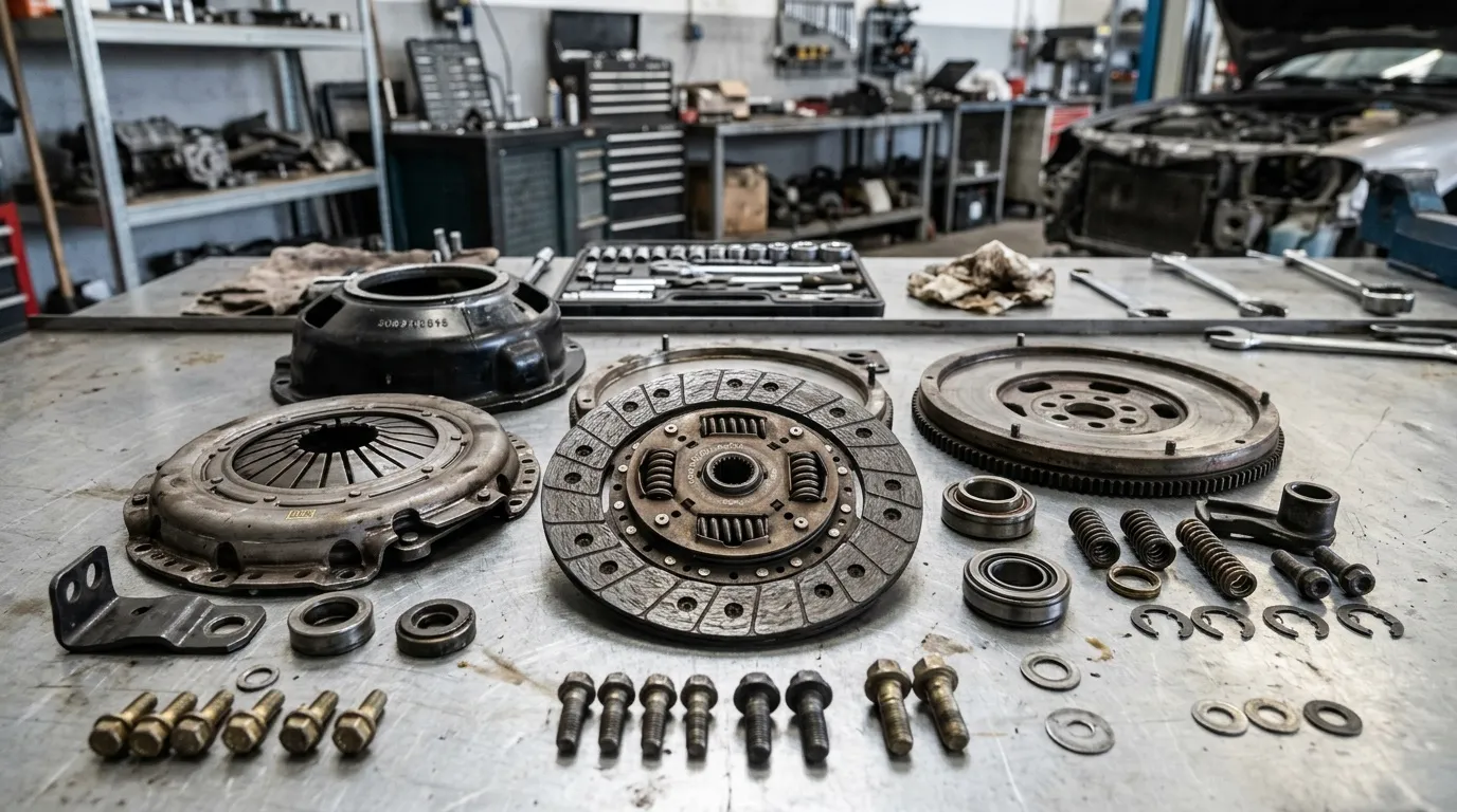 Pi&egrave;ces de transmission automobile organis&eacute;es sur &eacute;tabli atelier