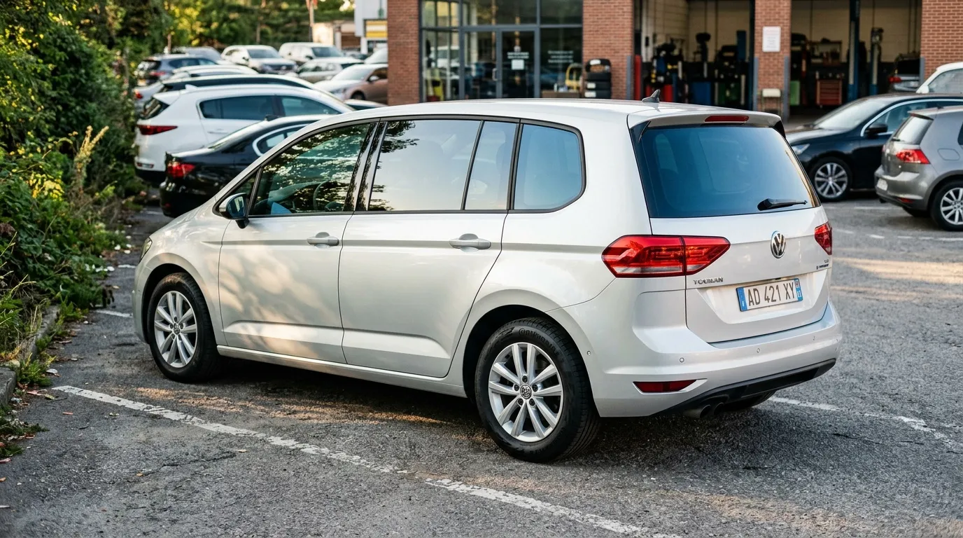 Monospace Volkswagen blanc garé dans un parking urbain