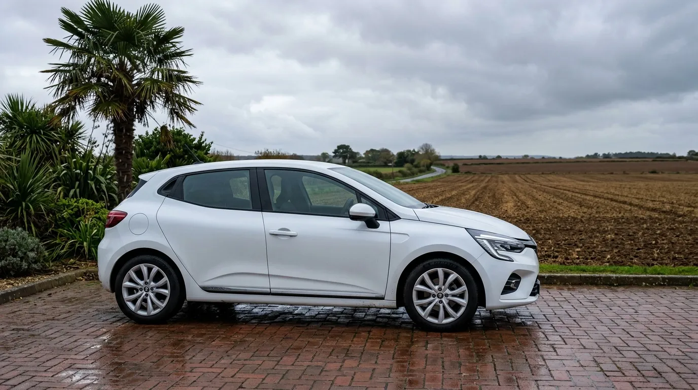 Voiture blanche garée sur pavés, champs agricoles en arrière-plan