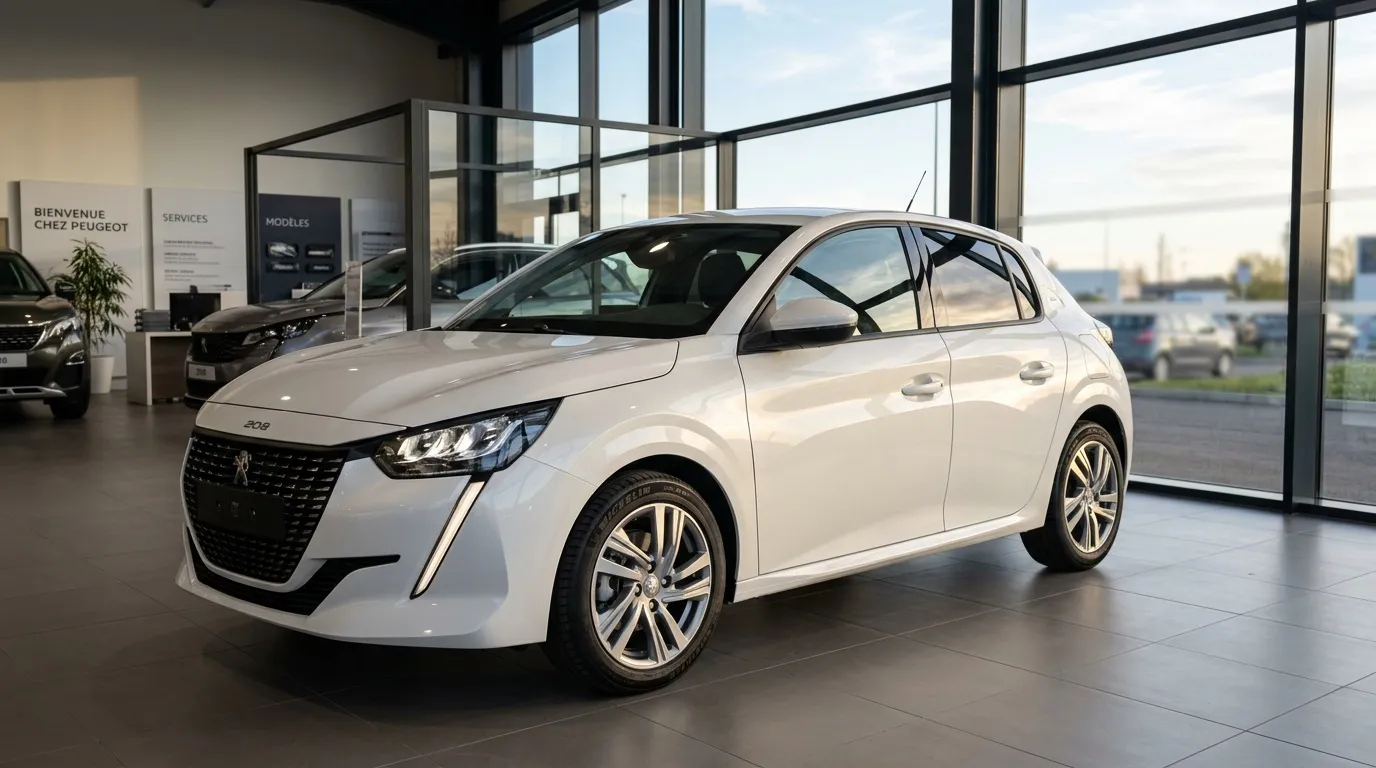 Voiture blanche Peugeot 208 dans concession automobile