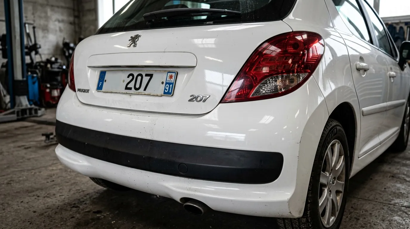 Voiture Peugeot 207 blanche gar&eacute;e en atelier automobile