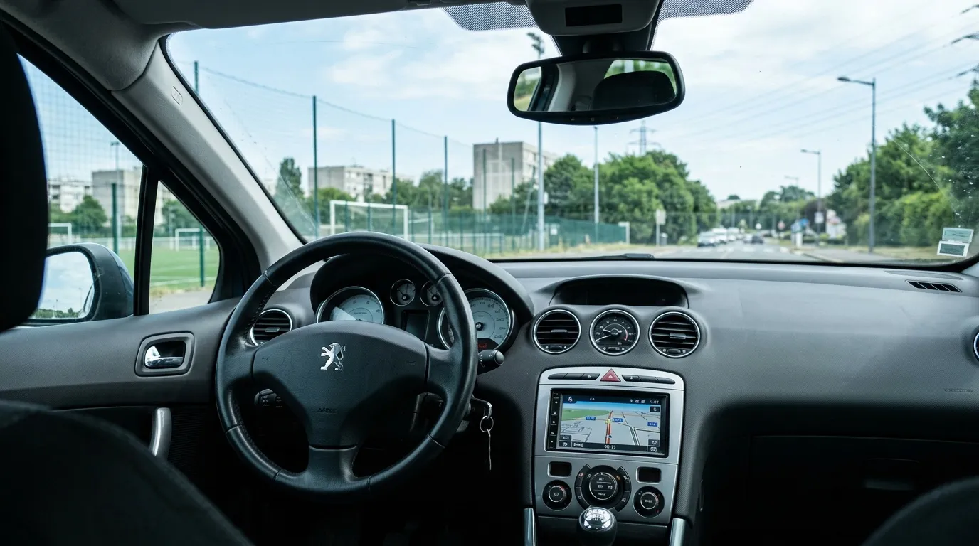 Tableau de bord Peugeot avec &eacute;cran GPS navigation et volant