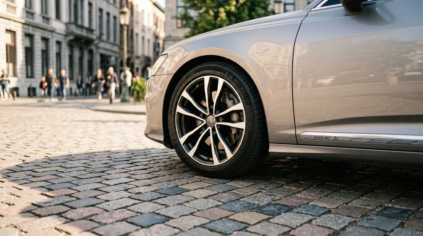 Voiture Audi grise avec jantes alliage, rue pav&eacute;e urbaine