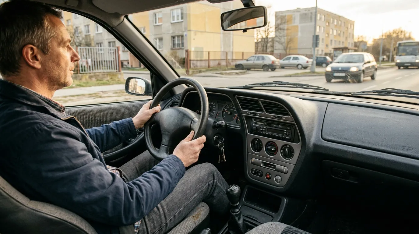 Homme conduisant une voiture dans un parking urbain