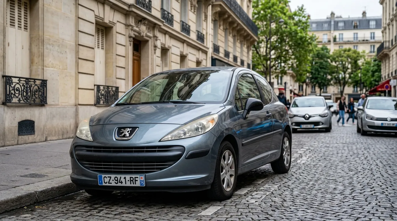 Voiture grise stationnée sur pavés à Paris, bâtiments haussmanniens.