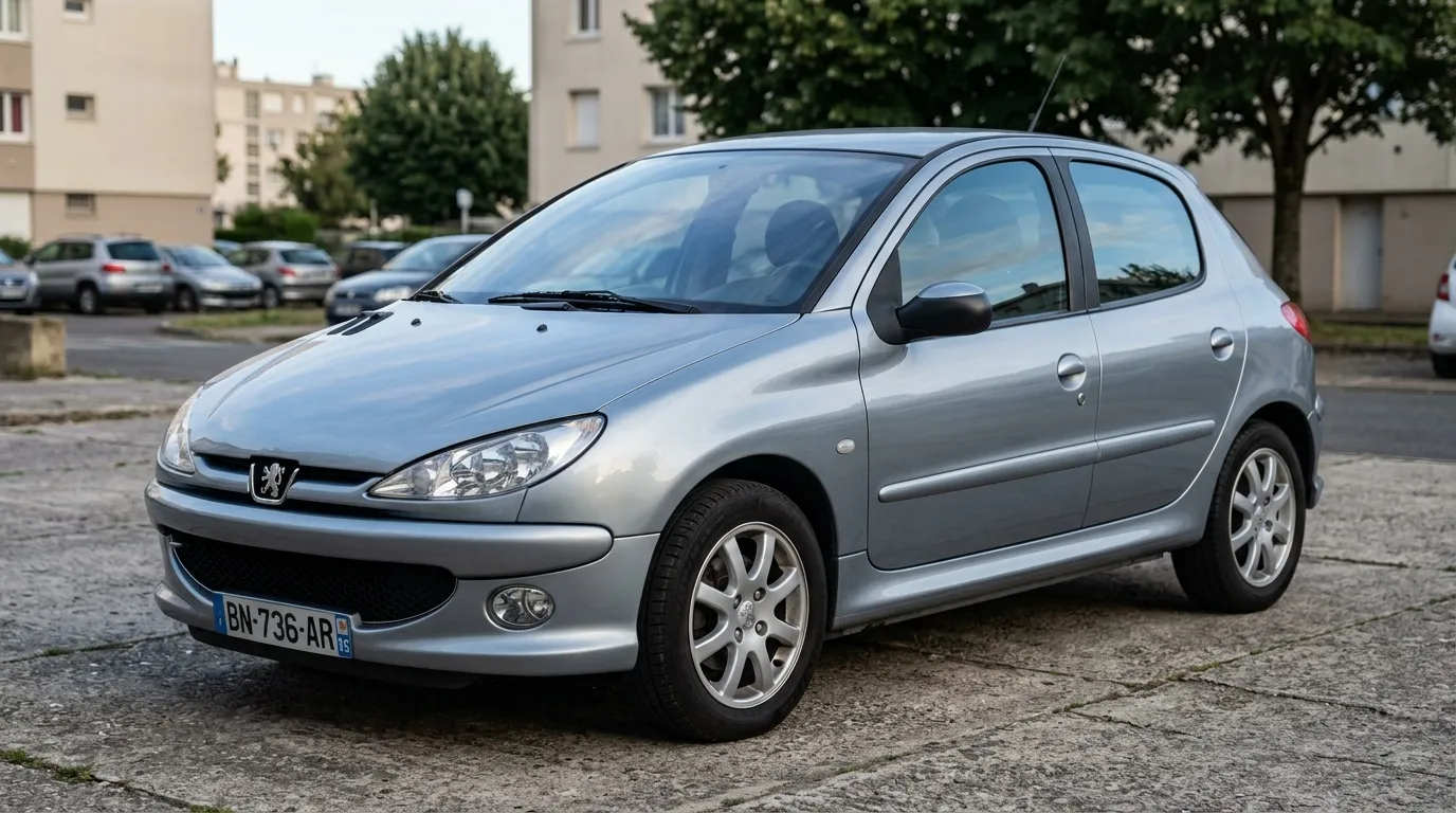 Voiture compacte grise Peugeot garée parking urbain
