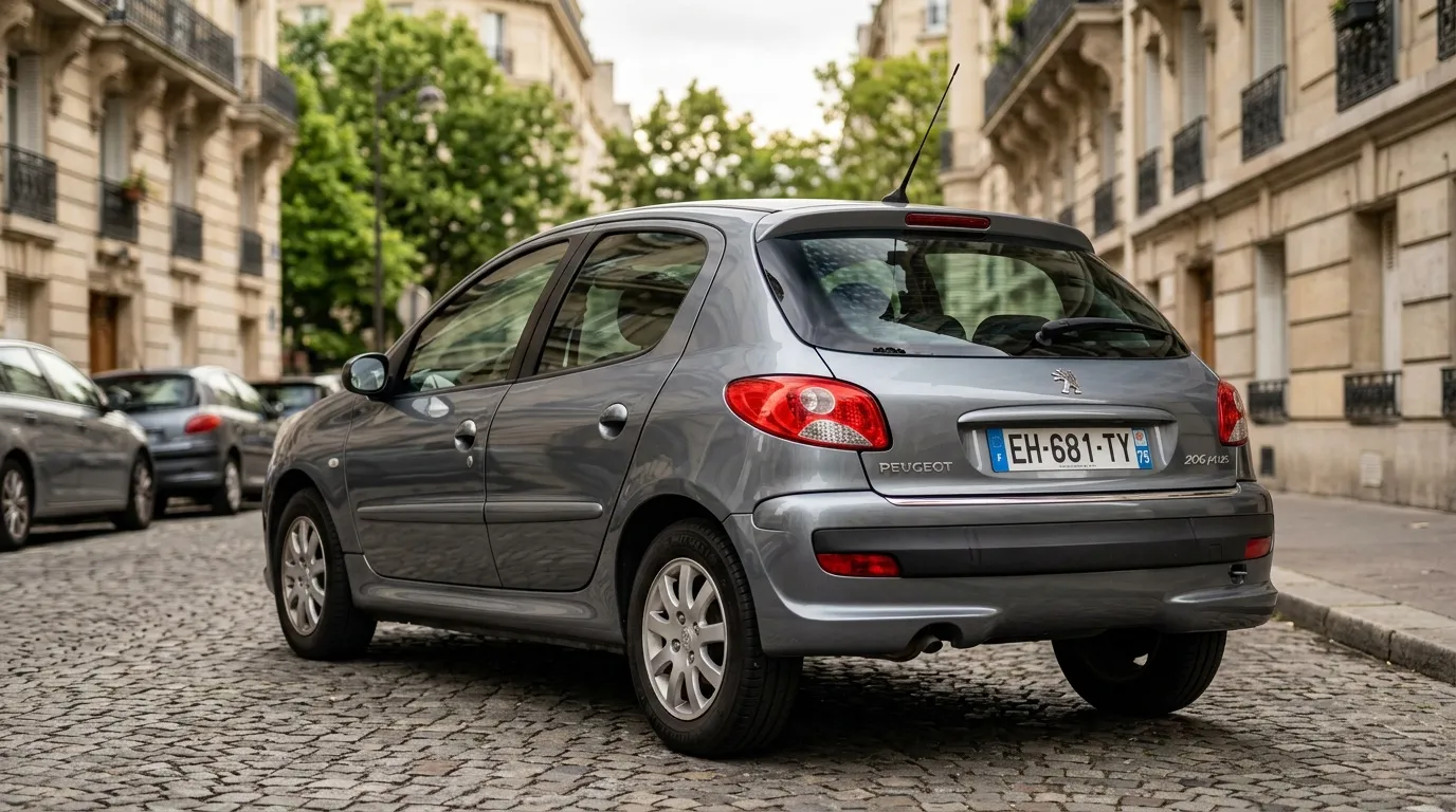 Voiture grise Peugeot 206 stationnée rue pavée parisienne