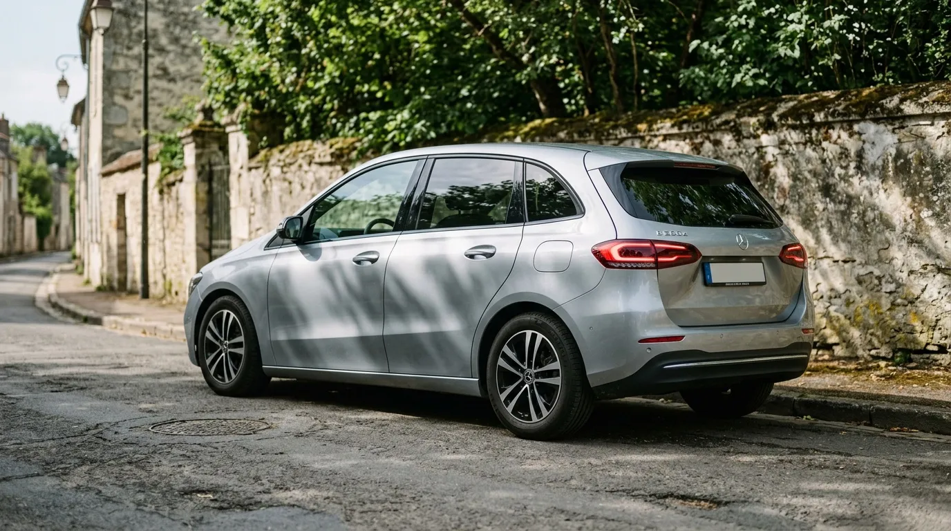 Monospace gris Mercedes gar&eacute; dans ruelle pav&eacute;e historique