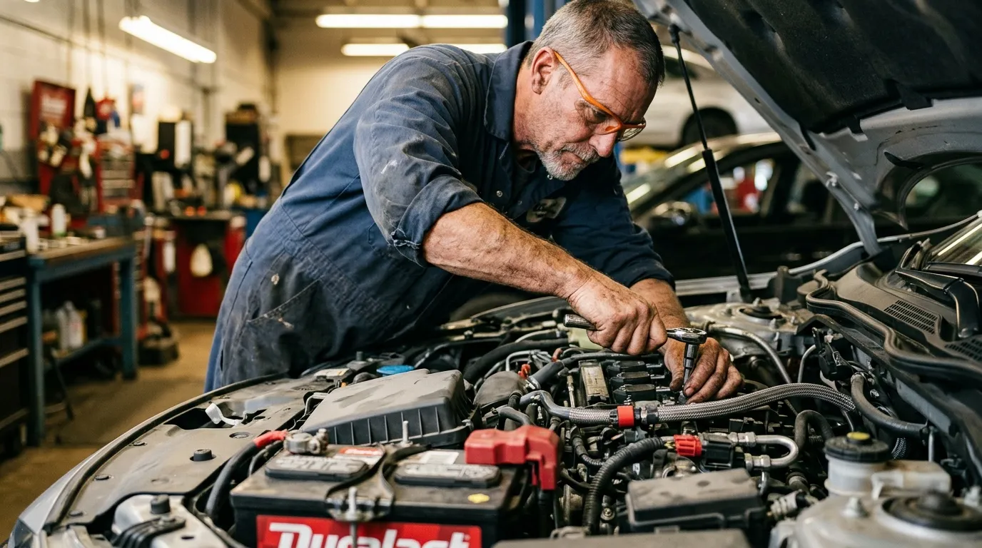 Mécanicien expérimenté travaille sur le moteur d'une voiture en atelier