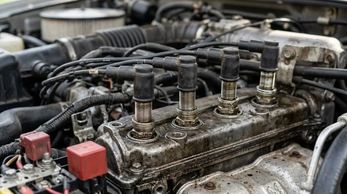 Gros plan culasse moteur automobile avec quatre bougies d'allumage