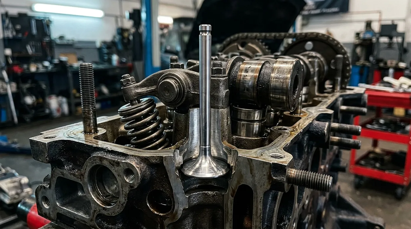 Culasse de moteur d&eacute;mont&eacute;e dans un atelier m&eacute;canique