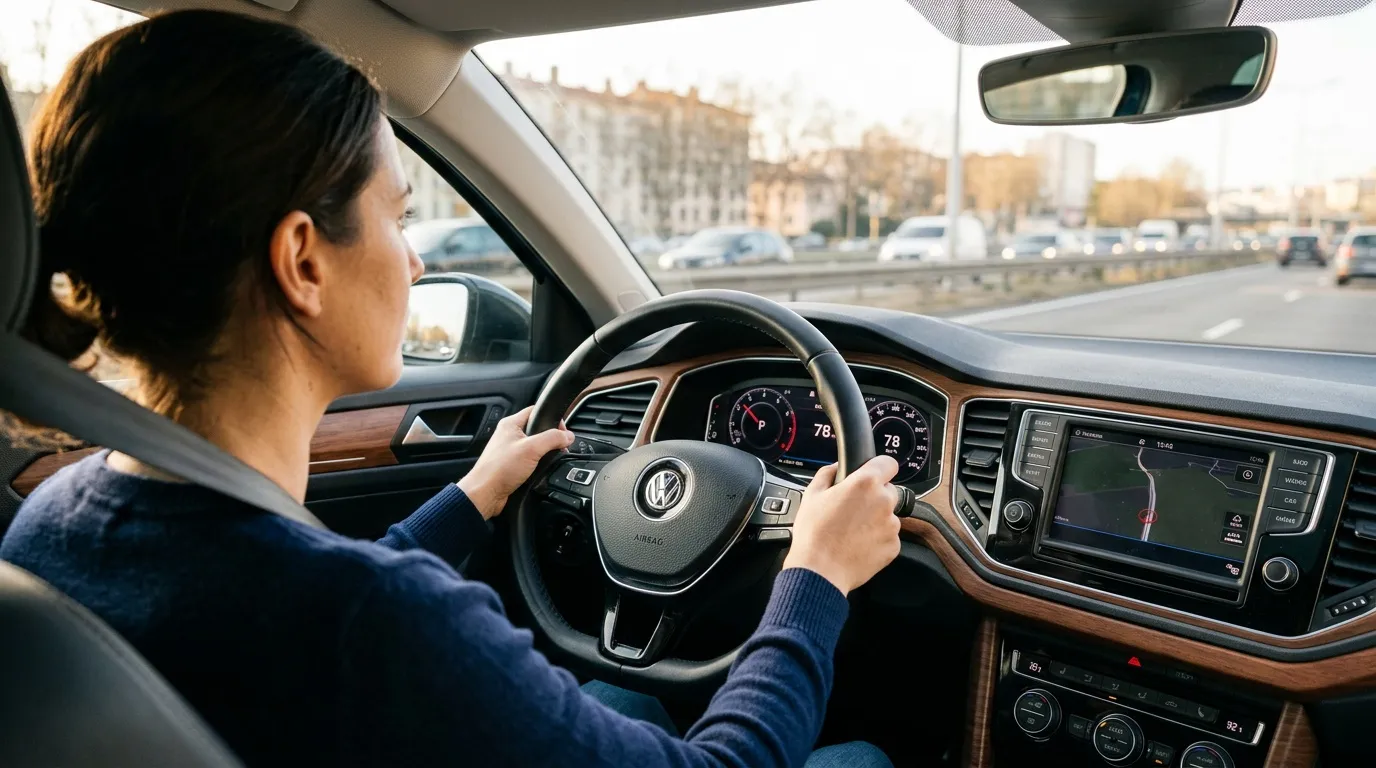 Femme conduisant une Volkswagen sur autoroute urbaine