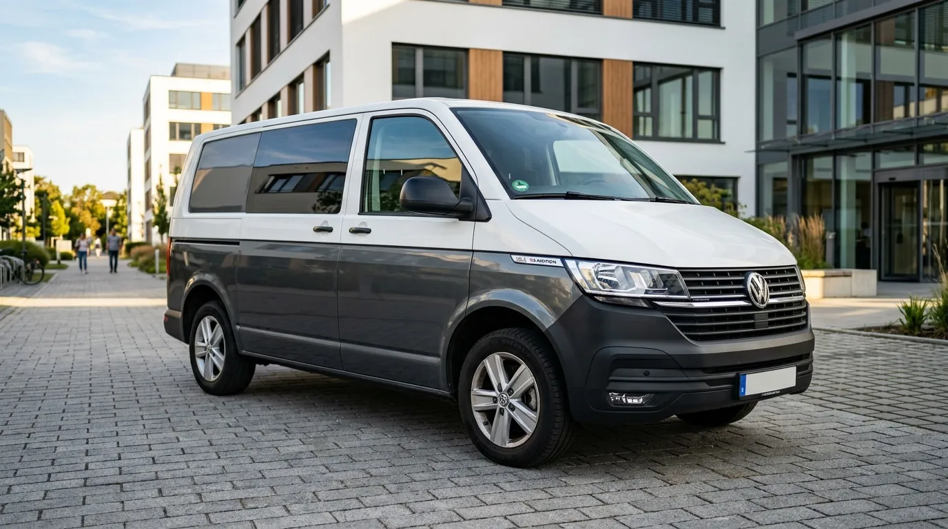 Monospace Volkswagen bicolore blanc gris parking urbain