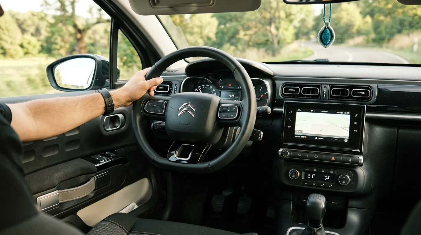 Conducteur tenant le volant d'une Citro&euml;n sur route foresti&egrave;re