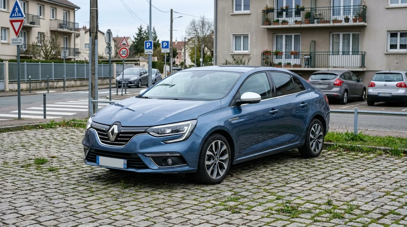 Voiture bleue Renault M&eacute;gane break gar&eacute;e sur parking pav&eacute;