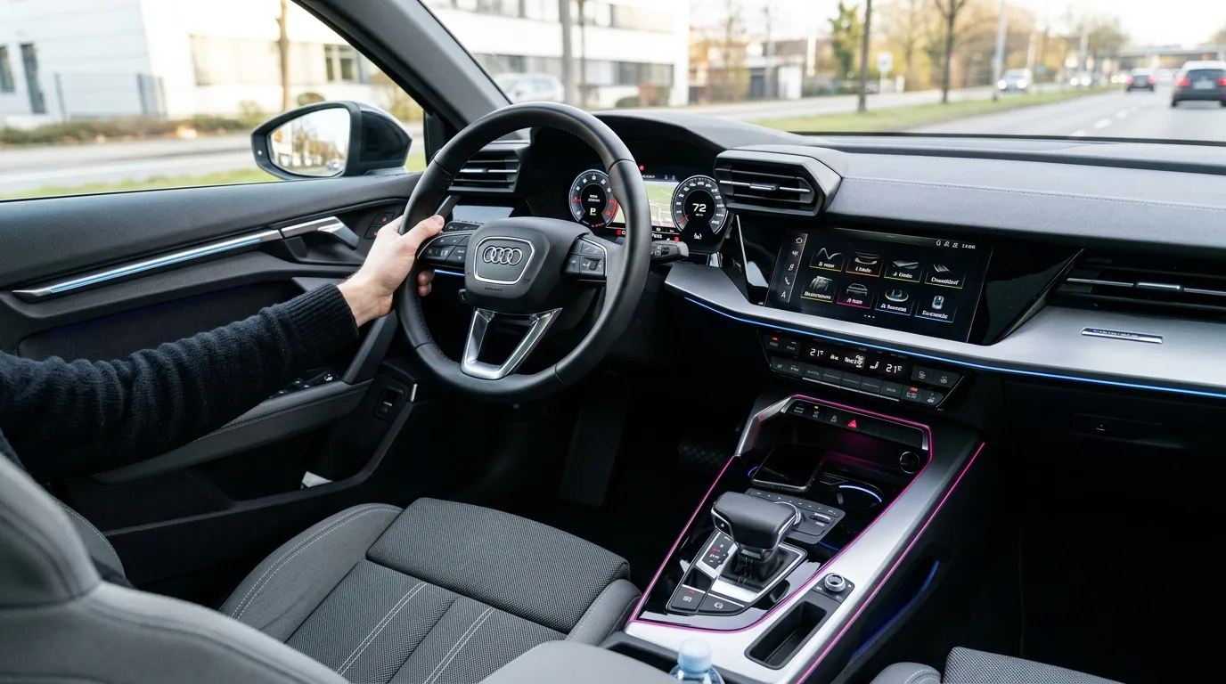 Habitacle d'Audi avec volant, &eacute;crans tactiles et commandes