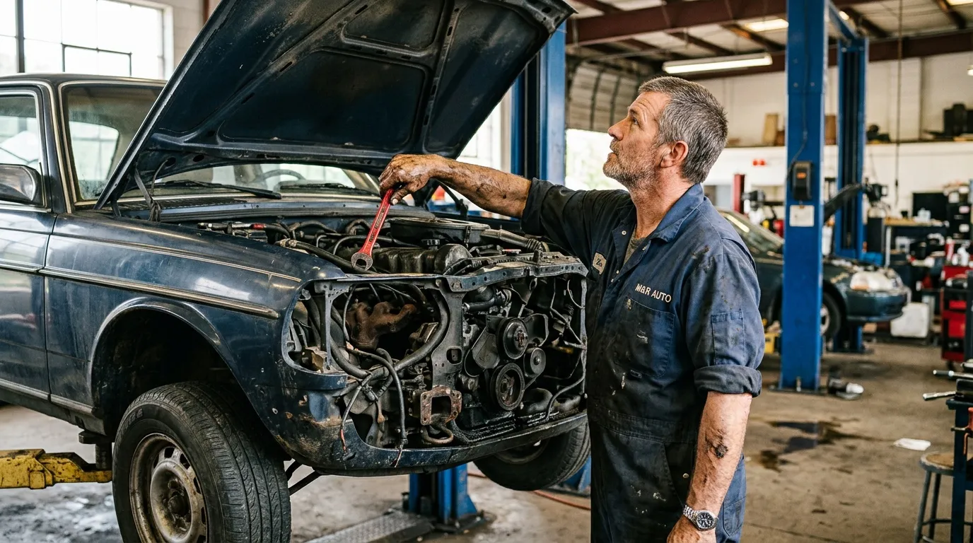 Mécanicien examine moteur d'une voiture en atelier