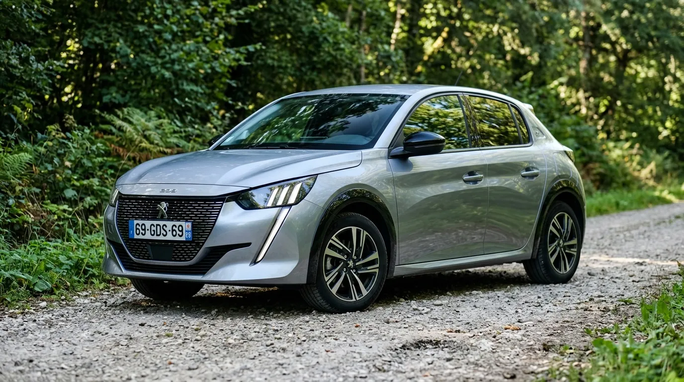 Voiture &eacute;lectrique grise gar&eacute;e sur route foresti&egrave;re