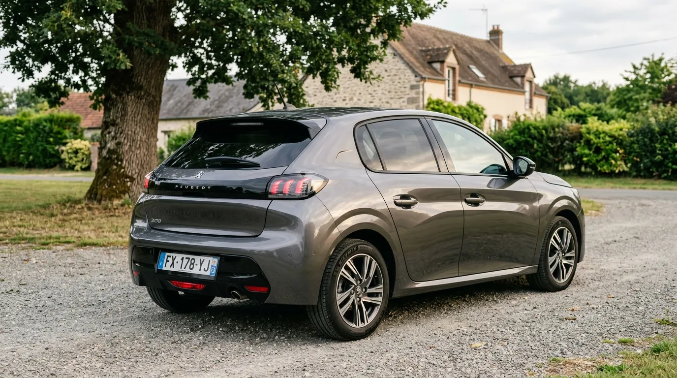 Peugeot 208 grise stationn&eacute;e devant maison rurale
