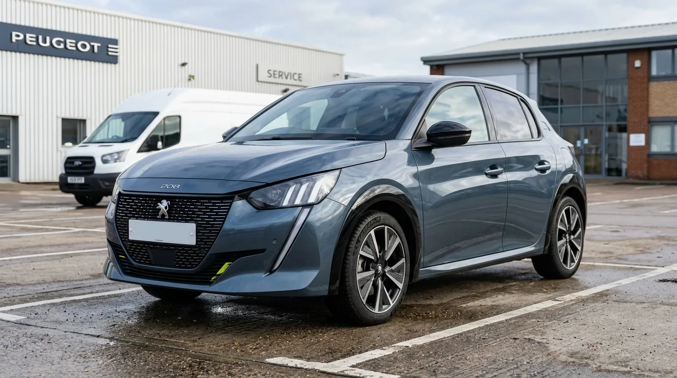 Voiture &eacute;lectrique Peugeot 208 bleue devant concessionnaire
