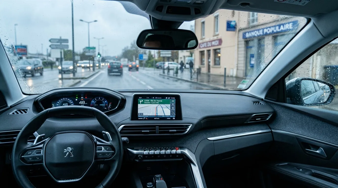 Int&eacute;rieur Peugeot avec GPS affichant route vers Lyon