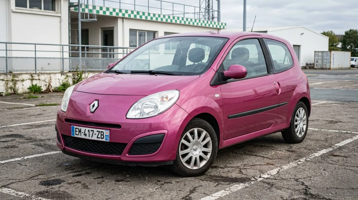 Petite voiture rose Renault Twingo stationnée parking