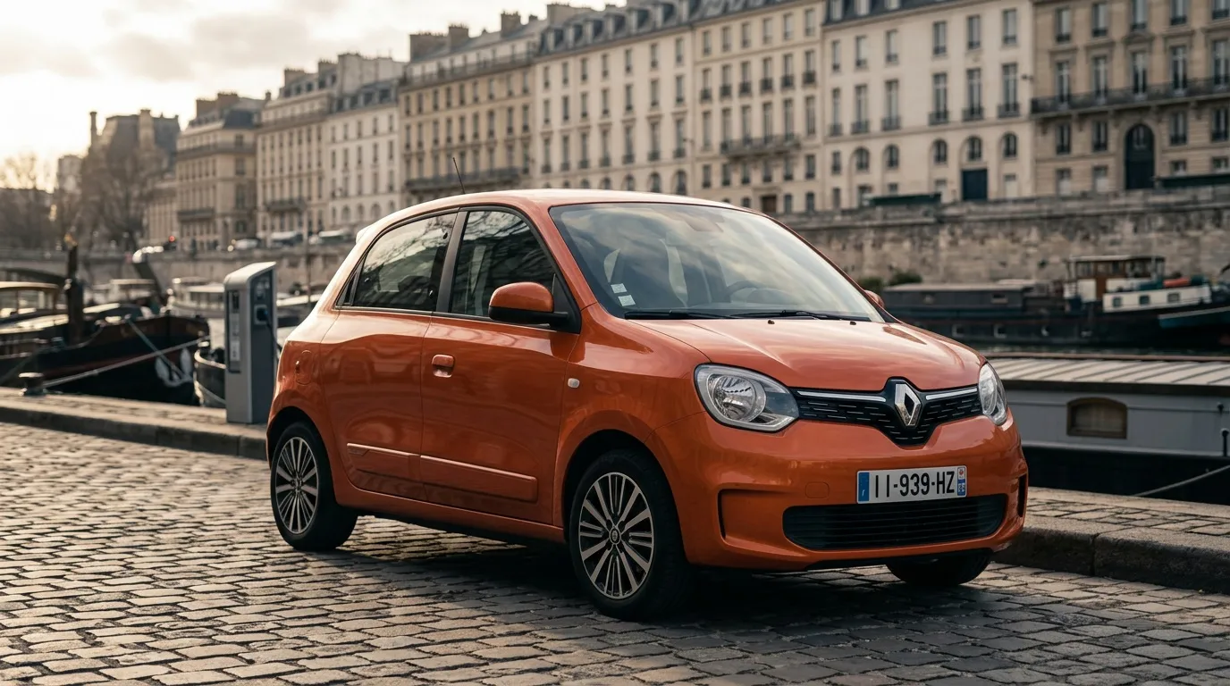 Voiture électrique orange garée au bord de la Seine