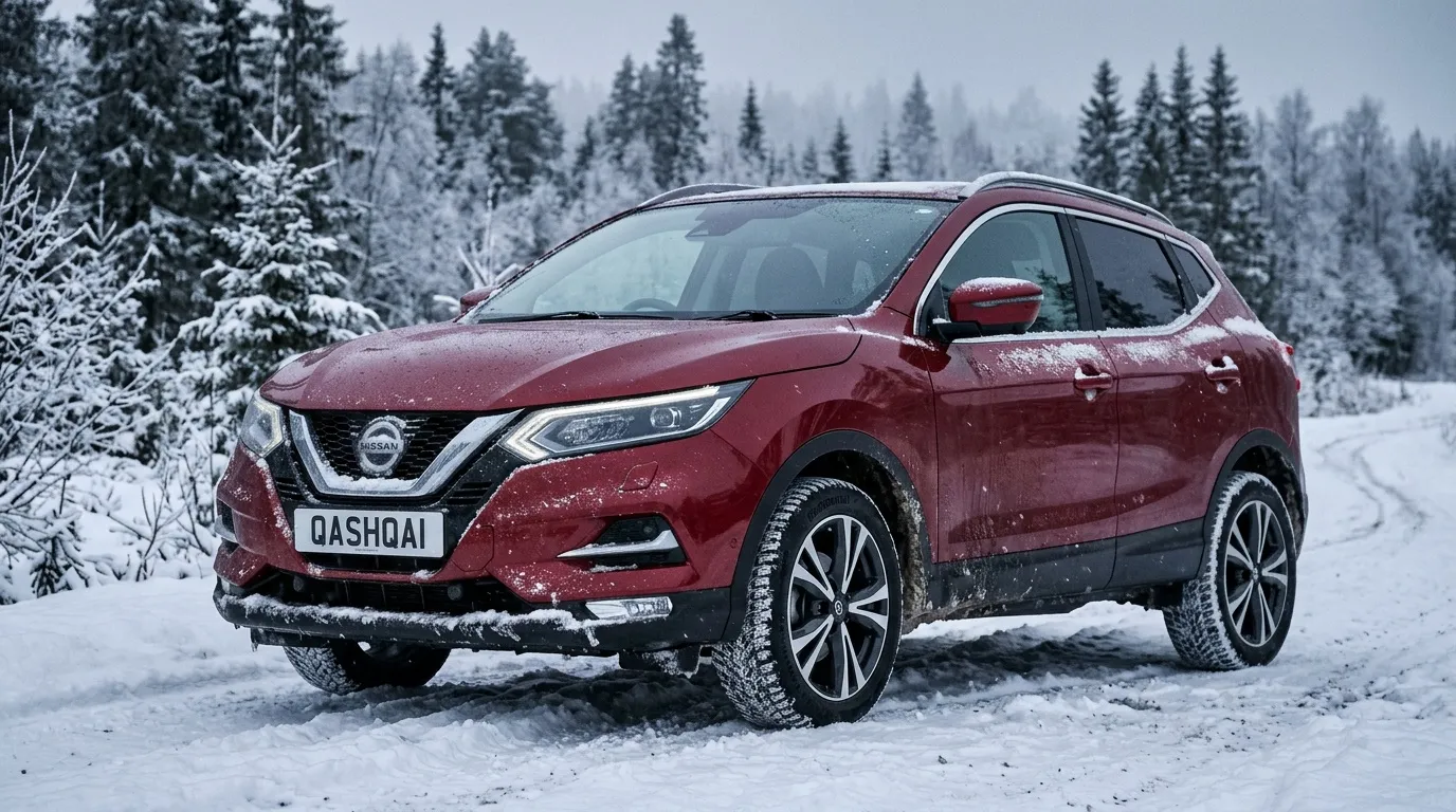 SUV Nissan rouge dans la neige, forêt enneigée en arrière-plan