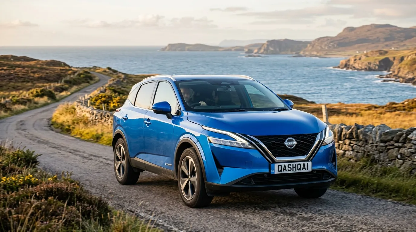 SUV bleu Nissan Qashqai sur route côtière avec vue océan