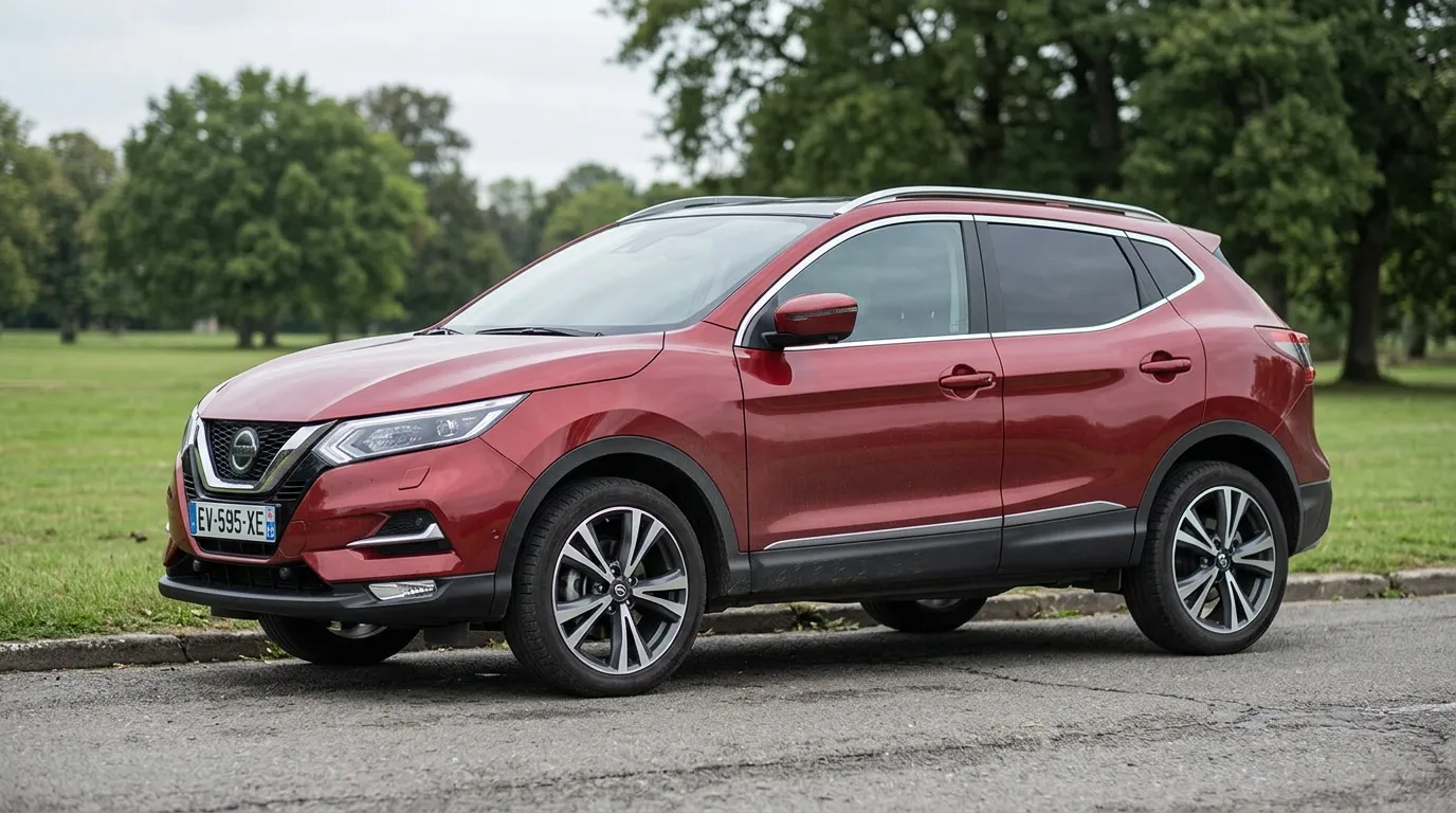 SUV Nissan Qashqai rouge garé dans un parc verdoyant
