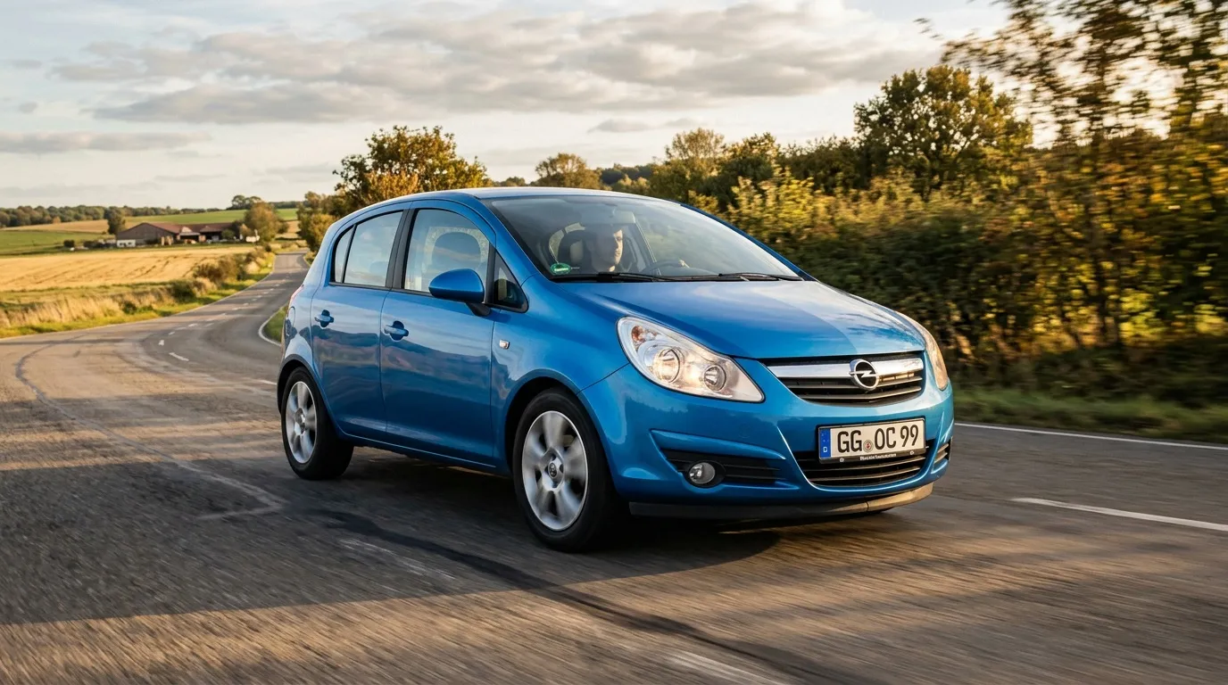 Voiture bleue Opel Corsa roulant sur route de campagne