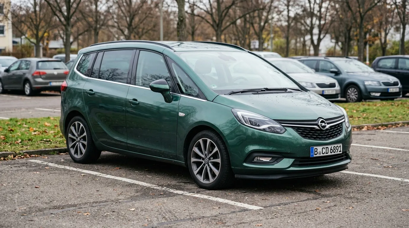 Monospace vert Opel Zafira garé sur parking urbain