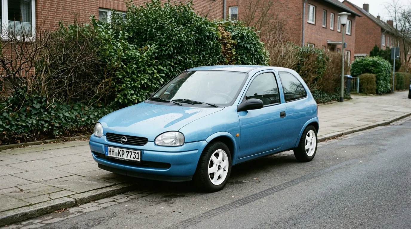 Petite voiture bleue Opel Corsa devant maisons briques
