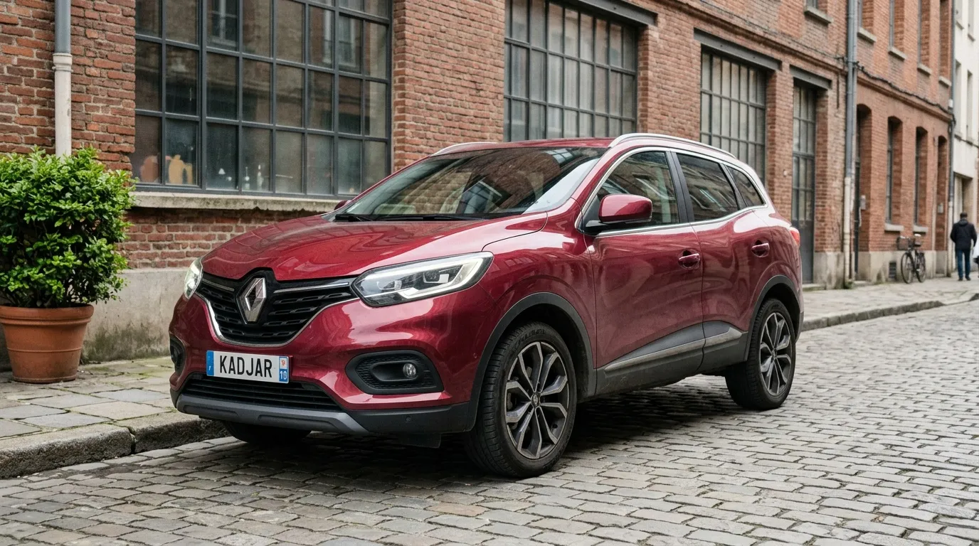 SUV Renault Kadjar rouge garé sur pavés devant bâtiment