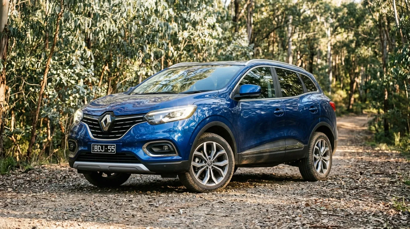 SUV Renault bleu stationné sur route forestière