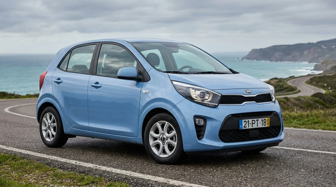 Petite voiture bleue Kia sur route côtière panoramique