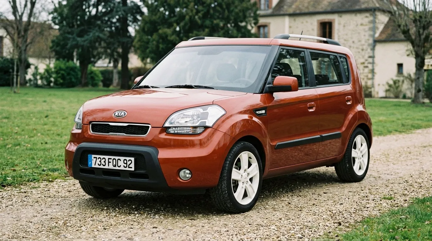Kia Soul orange stationnée sur un chemin de gravier