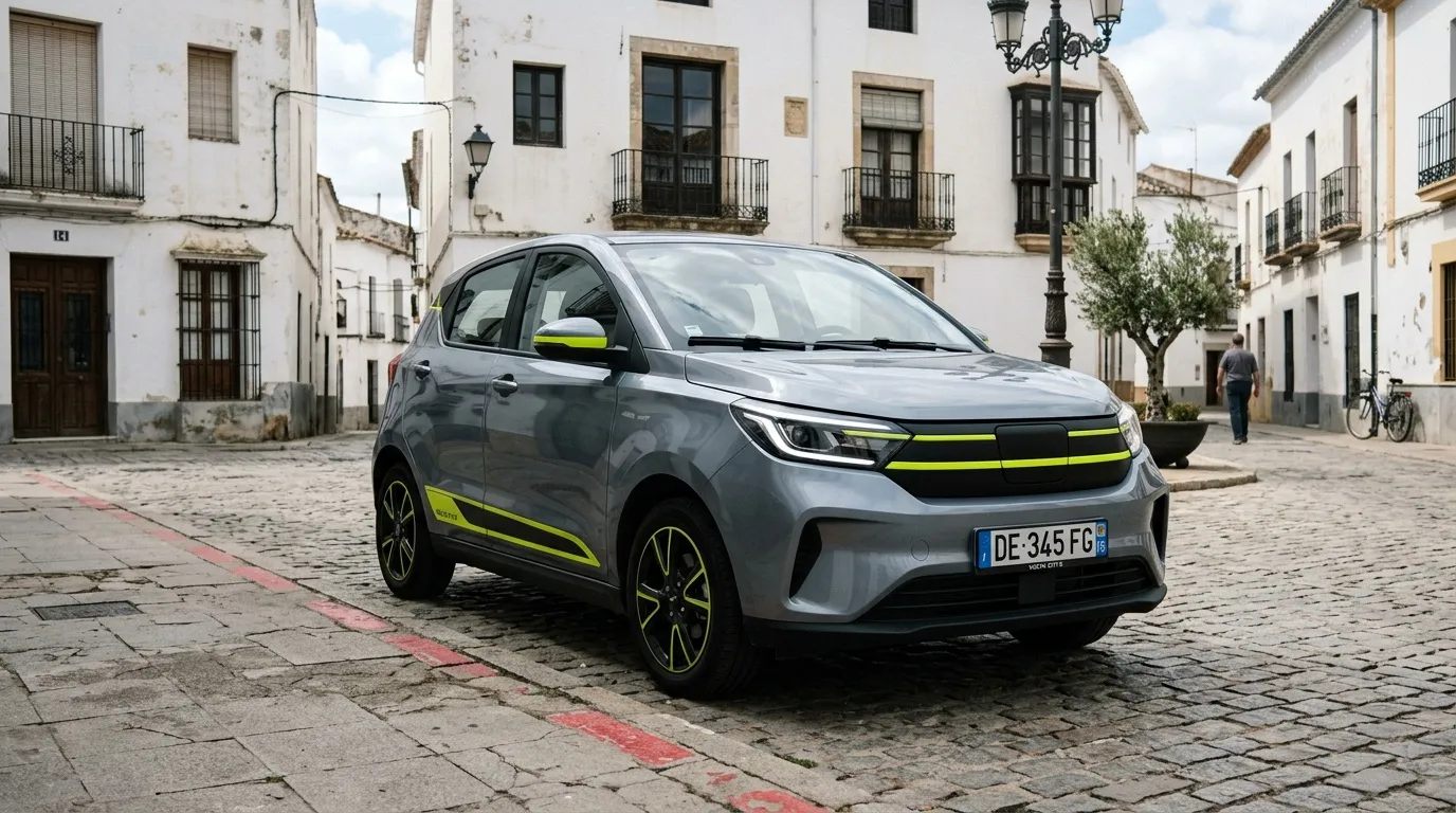 Voiture électrique grise et jaune, place pavée ancienne