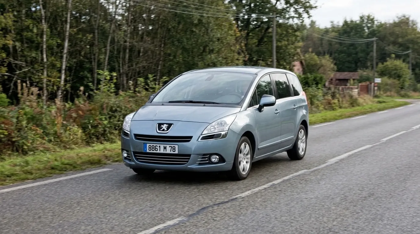 Monospace Peugeot bleu gris roulant sur route campagnarde