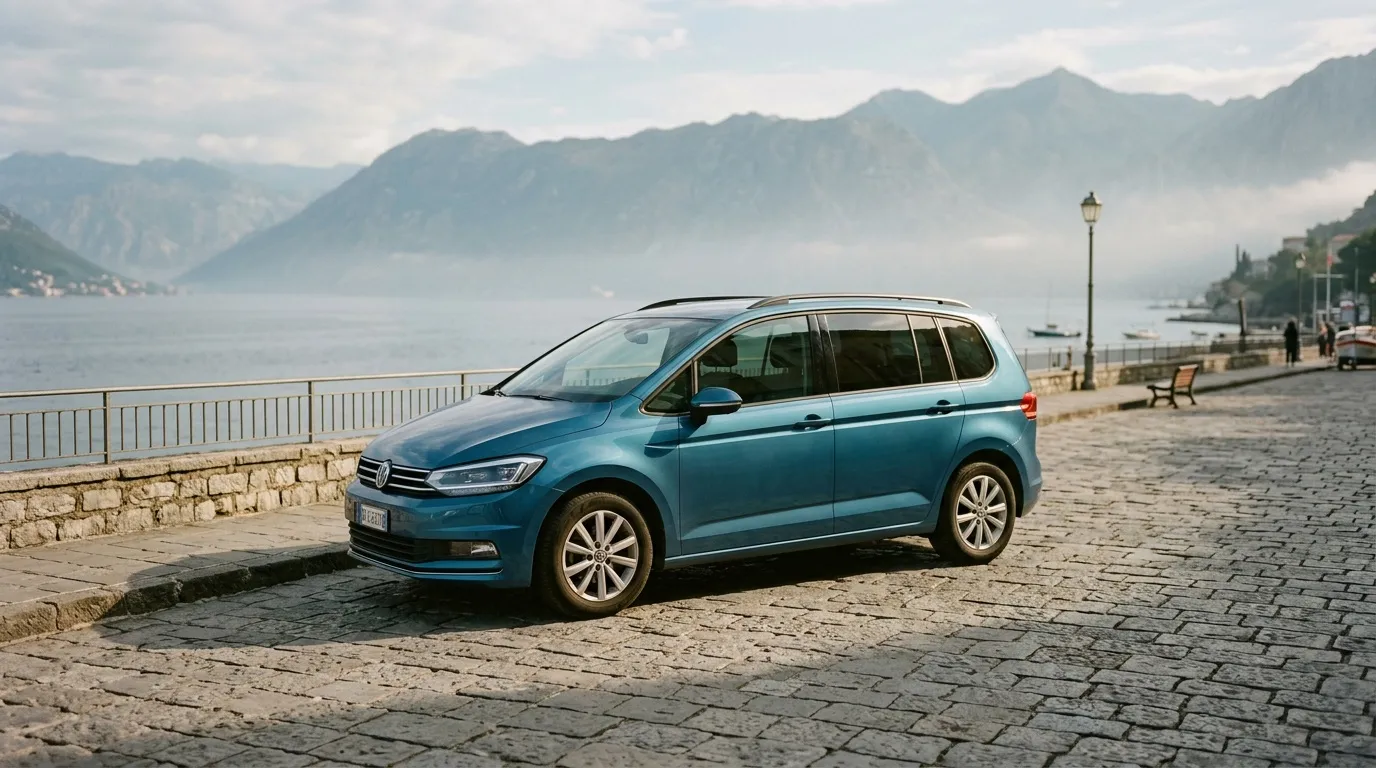 Volkswagen Touran bleu stationné face aux montagnes alpines