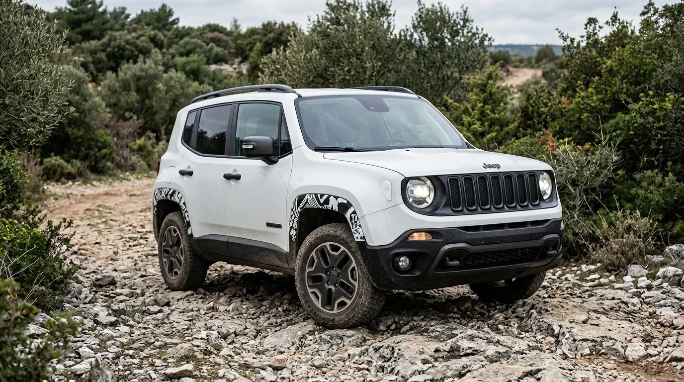 SUV blanc Jeep Renegade sur chemin pierreux montagneux